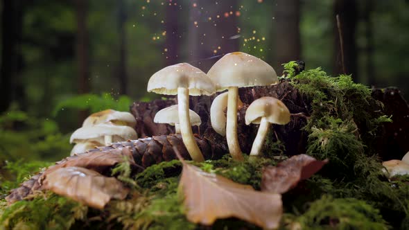 Close up shot of toxic mushroom in mossy forest and flying pores as motion graphic design - Glowing