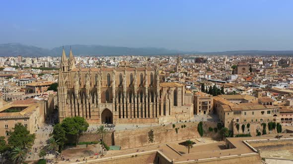 Aerial Drone Video Footage Famous Cathedral La Seu in Palma De Mallorca Spain