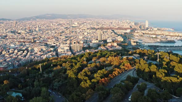 Panoramic Aerial View of Barcelona Cityscape and Seascape Marinas and Yacht Harbors Seaport Cableway