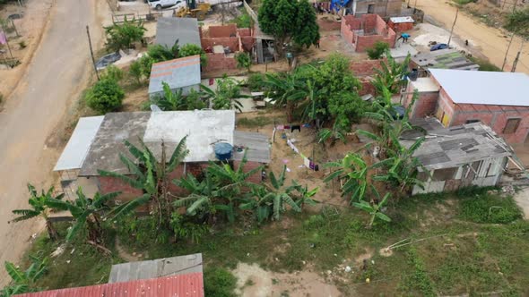 Aerial flyover shot of an impoverished indigenous slum in Manaus, Brazil.