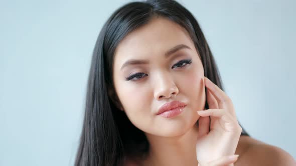 Isolated Closeup Portrait Pretty Asian Young Woman Having Beautiful Black Hair and Natural Makeup