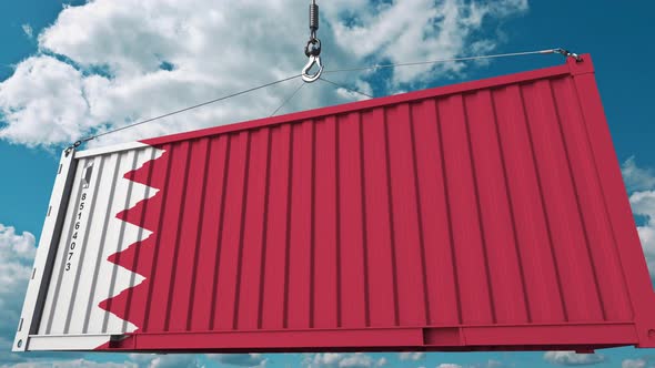 Loading Cargo Container with Flag of Bahrain