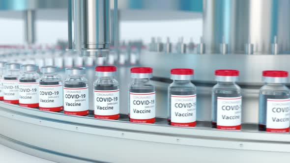 Covid-19 vaccine mass production and conveyor line on pharmaceutical factory 4k loop