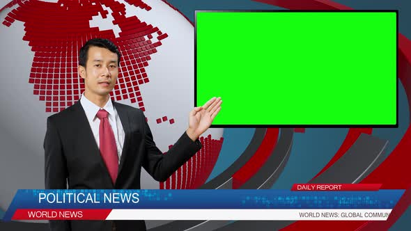 Live News Studio With Male Anchor Reporting On The Political, Video Story Show Green Chroma Key