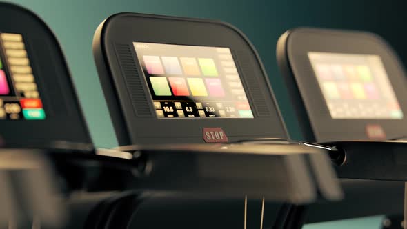 Treadmills touchscreens In A Row. Gym, Fitness, Cardio, health, technology