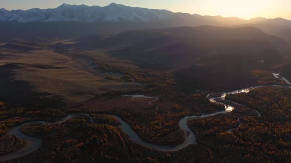 Kurai Steppe, Chuya River and Mountains at Sunset in Autumn. Altai, Russia