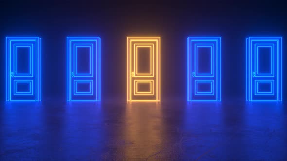 Closed blue neon doors made of glowing lines