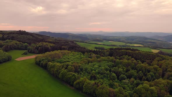 Drone Flying Above Wood Cloudy Sky