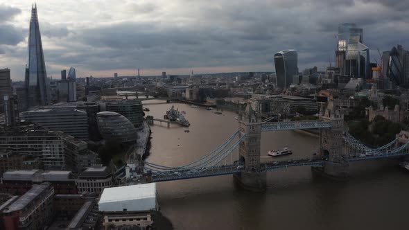 Aerial View to the Beautiful Tower Bridge and the Skyline of London