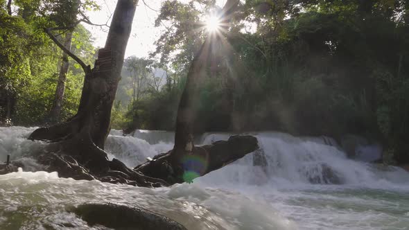 Waterfall With Sunlight Through Tree