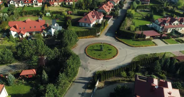 Aerial view of a central point of a housing estate in the suburbs, camera moving backward.