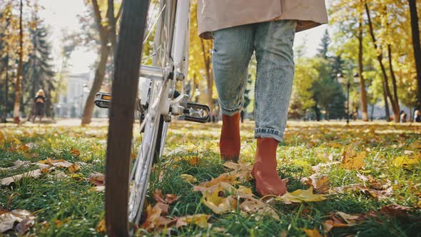 Legs of Unknown Lady Walking Rolling Bike at Autumn City Park with Yellow Trees