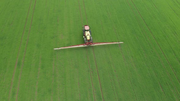 Aerial View of Farming Tractor Plowing and Spraying Green Wheat Field