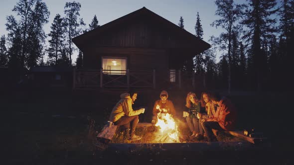 Friends sitting near fire in countryside