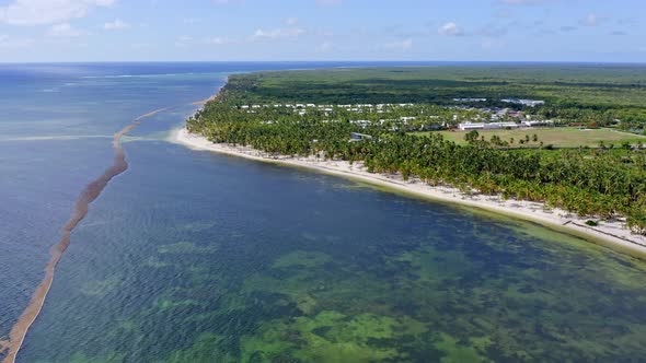 Drone flying towards Cabeza de Toro beach and coast, Punta Cana in Dominican Republic. Aerial forwar