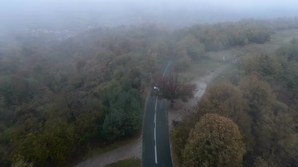 Silver Car Driving Trough Misty Spooky Forest, Aerial Drone View