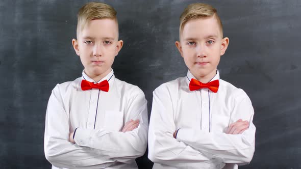 Formally Dressed Caucasian Twins Posing and Smiling alt