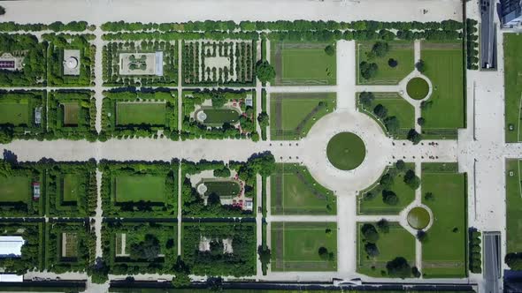 AERIAL: Top Down Overhead View of Paris Tuileries Garden in Summer with Rich Green Colors