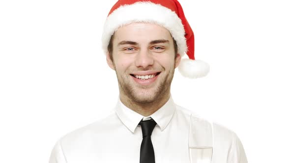 Slow Motion Young Handsome Businessman Giving a Smile with Holding Champagne Over White Background.