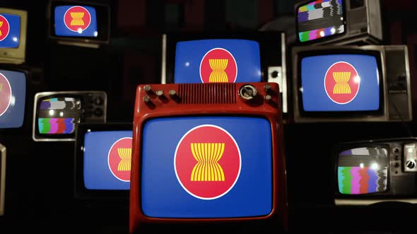 Flag Of ASEAN (Association of Southeast Asian Nations) and Retro TVs.