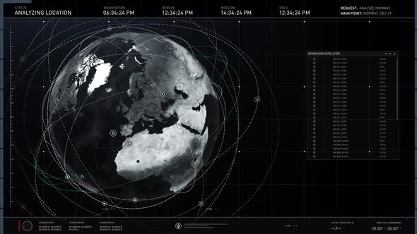 3D Earth With Satellites Moving On Paths Around Planet In Scanning Software alt