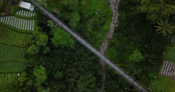 Vertical drone shot of metal suspension bridge build over valley with river on the bottom and surrou