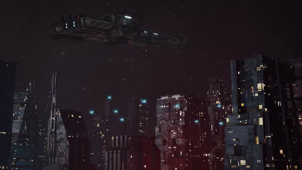 Futuristic, Dystopian Sci-Fi City at Night Establishing Shot - With Flying Cars and Spaceship