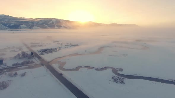 Snowy landscape in the winter from aerial view in Wyoming