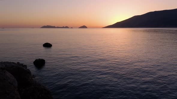 Aerial Panoramic View of Sea Gulf and Mountains at Sunset