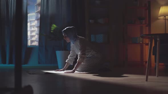 Portrait Beautiful Young Muslim Woman in Hijab Prays in the House