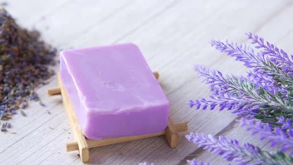 Homemade Soap with Dried Lavender on Table with Copy Space