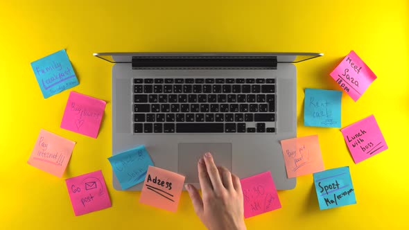 Use Laptop Post It Papers on Workspace Making Notes on Stickers Yellow Desk