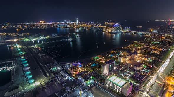 Aerial View of Palm Jumeirah Island Night Timelapse