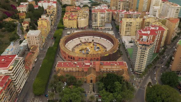 Aerial view of Bullfight arena in Malaga, Spain.