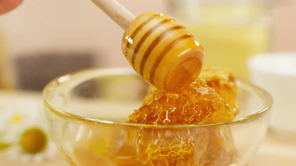 Sweet Honey Flowing on Honeycomb in Bowl with Wooden Spoon Closeup