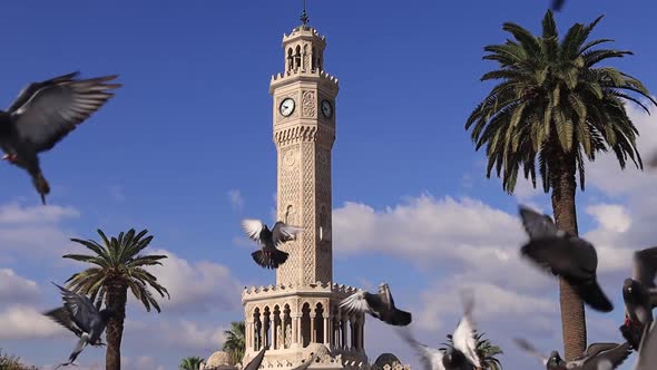 Konak Square View with Old Clock Tower in Izmir Slowmotion