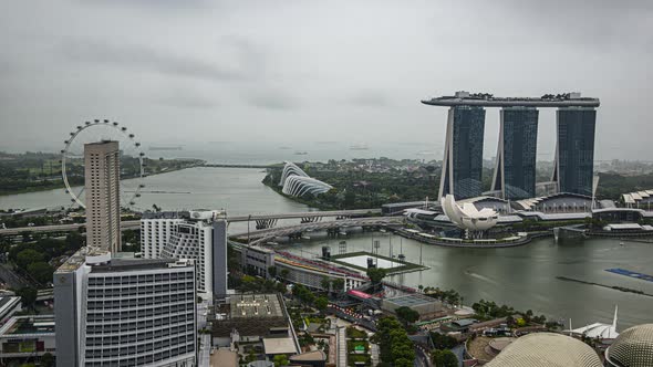 Aerial time lapse of the Marina Bay area in Singapore during a thunderstorm