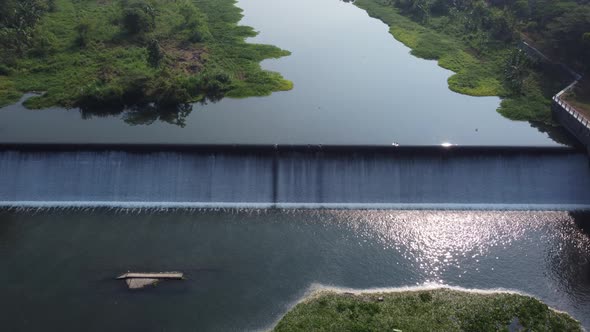 River Landscape With Dam And Waterfall. Aerial view.