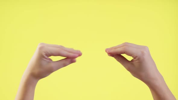 Woman Showing Talking To Each Other Hands Isolated Over Pastel Yellow Background in Studio