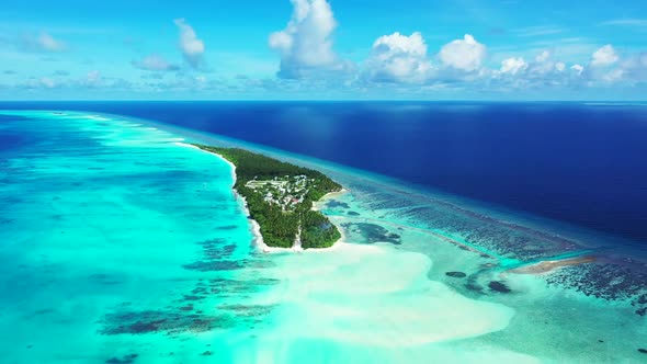 Aerial drone shot abstract of relaxing island beach voyage by blue ocean with white sandy background