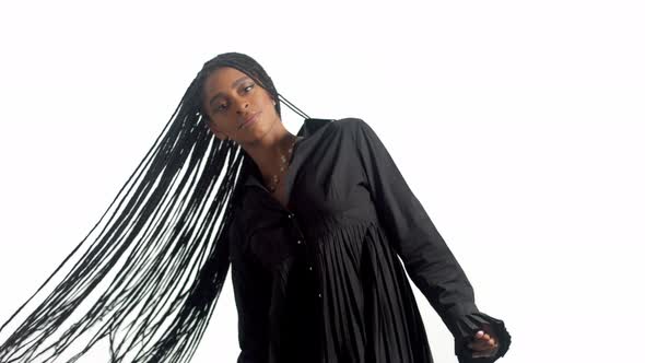 Mixed Race Woman with Hair Braids in Studio on White Closeup Portrait