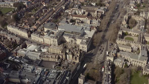 Low drone shot towards Ashmolean Museum Oxford