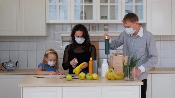 Family Disinfect Goods in Kitchen After Shopping