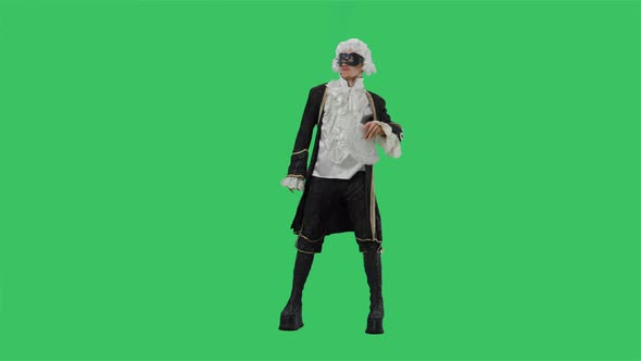 Portrait of Courtier Gentleman in Black Vintage Suit White Wig and the Mask Dancing Merrily with Fan