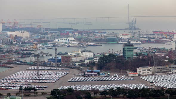 Timelapse Incheon Port and Parking Lot in Early Morning