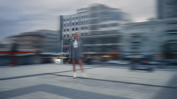 Woman Posing City Landscape at Evening Street in Urban Background