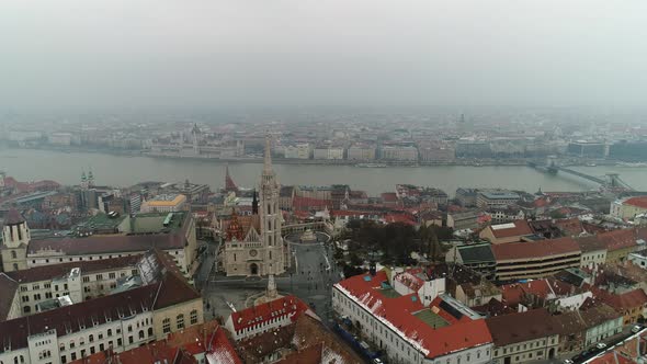 Aerial view of the ancient European city of Budapest on a foggy day with sights in Hungary