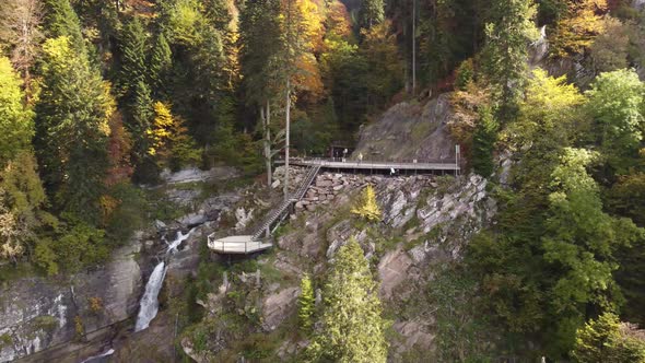 Waterfall, next to the observation deck. Aerial view from drone. Natural park.