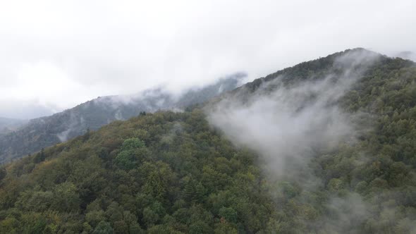 Mountains in Fog Slow Motion. Aerial View of the Carpathian Mountains in Autumn, Ukraine