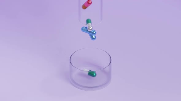 Capsule pills falling from test tube to Petri dish, healthcare medical concept